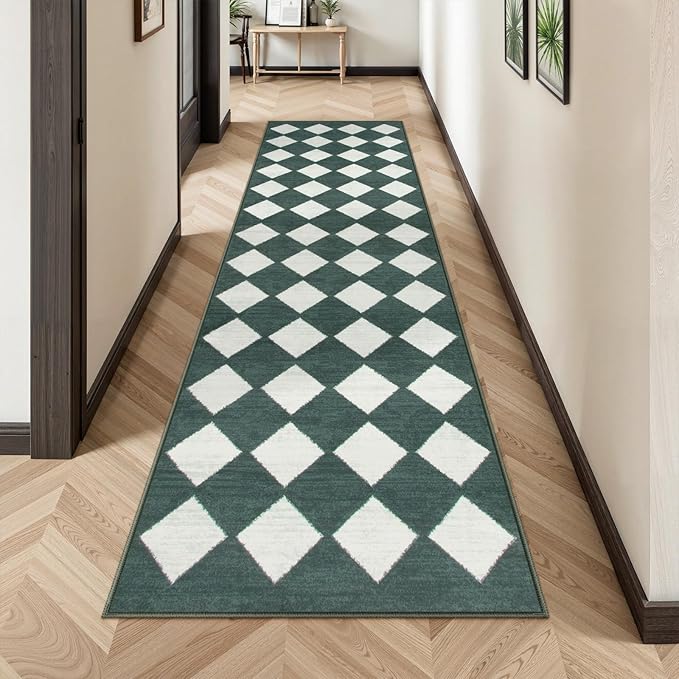 Lahome Zelie Checkered Washable 2x8 Green Runners for Hallways Non Slip, Ultra-Thin Kitchen Bathroom Runner Rugs, Moroccan Trellis Throw Carpet Runner for Bedroom Entryway Decor (2'x8',Dark Green)
