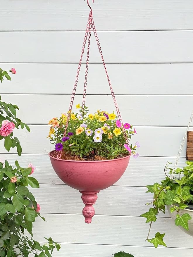Vintage Metal Hanging Basket Planter with Bird Ornament,10 Inch Large Hanging Planter for Indoor Outdoor Home Garden Decor (Pink)