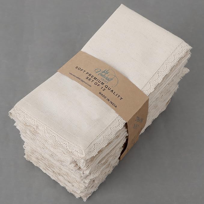 NATURALCRAFT Dinner Cloth Napkins Cotton Linen Blend Fabric 12 Pack Easter Special Edge Finish with Fine Lace for Every Day Use Napkins are Pre Shrunk and Good Absorbency (Ivory lace 12x12)