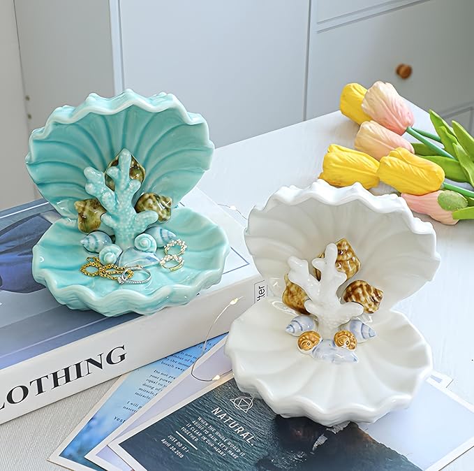 FENGSHUI-CAISHEN Conch Shape Shell Jewelry Holder Dish, Ceramic Jewelry Tray Dish, Ocean-Themed Decorative Ring Holder Trinket Dish, Conch Antique Trinket Dish Vintage Jewelry Tray (Cyan)