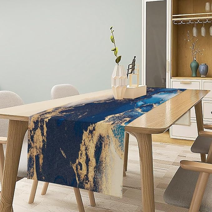 Marble Table Runner,Navy Blue Gold Stripe Marble Farmhouse Pattern Table Runner for Coffee Table Dining Room Table Bedroom Party Holiday Decor 13x72inch