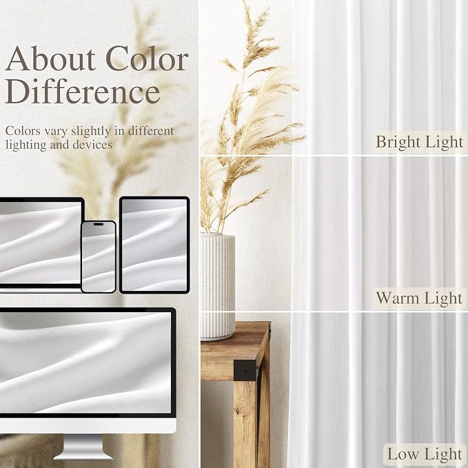 Nanspring White Linen Curtains 87 Inches Long for Bedroom Back Tab Light Filtering Privacy Sheer Curtains Modern Farmhouse Decor Linen Textured Gauze Curtain for Bathroom 2 Panels Set 52x87