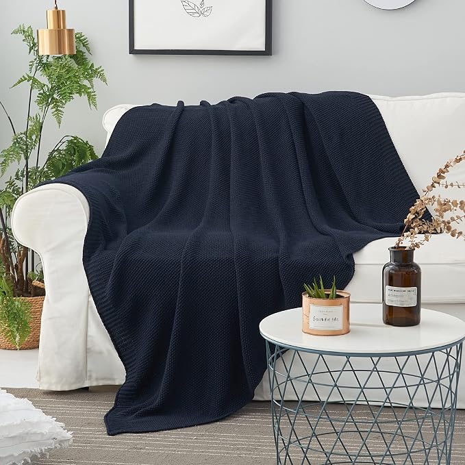 Longhui bedding Dark Navy Blue Cotton Cable Knit Throw Blanket for Couch Sofa Bed, Lightweight Home Decorative Throws, Bonus Laundering Bag, 60 x 80 Machine Washable