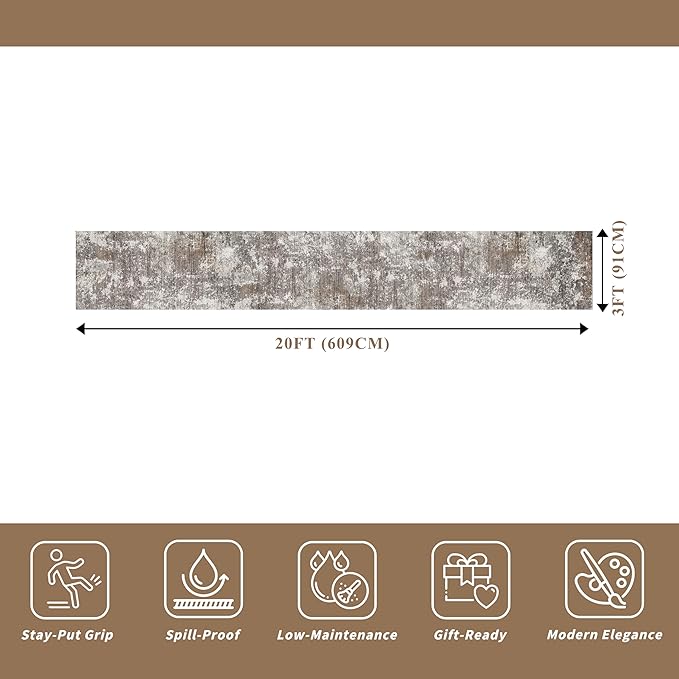 3x20 ft Extra Long Hallway Runner Rug - Non-Slip Washable Floor Runner with Rubber Backing, Modern Low Pile Thin Wide Carpet for Entryway, Kitchen, Living Room (Brown Beige, 3x20)