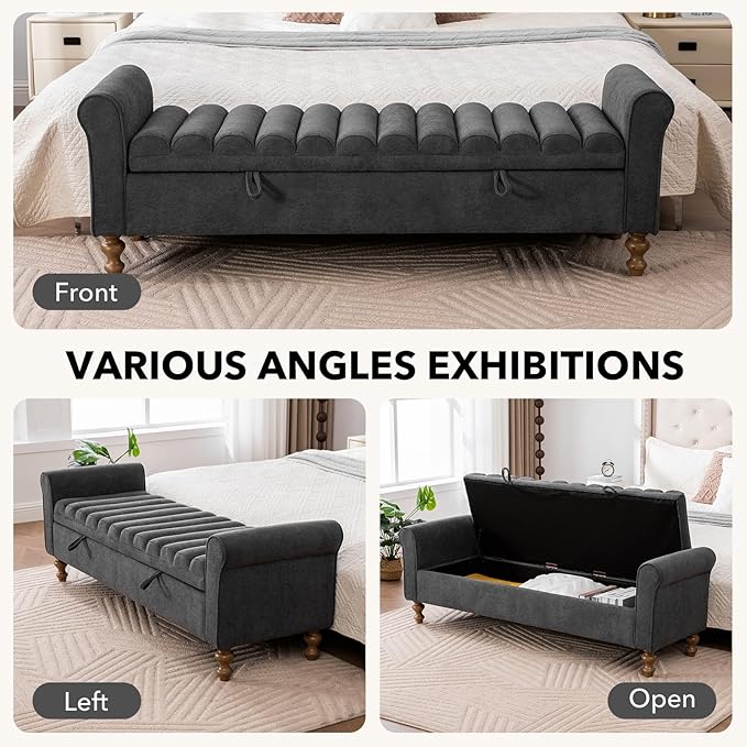 65" Oversize Storage Ottoman Bench, Fleece Upholstered End of Bed Benches with Rolled Armrest, Modern King Size Benches with Rolled Armrest, Window Bench (Charcoal +Single-Cover)