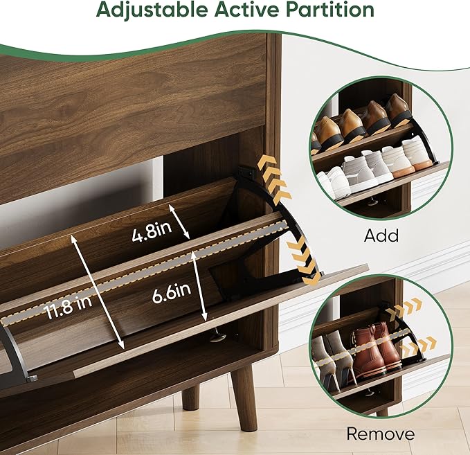 Shoe Storage Cabinet with 2 Flip Drawers, Slim Shoe Rack Cabinet with Curved Wooden Slats Side, Narrow Shoe Cabinet Storage for Entryway Entrance, Freestanding Shoe Organizer Cabinet (Walnut)