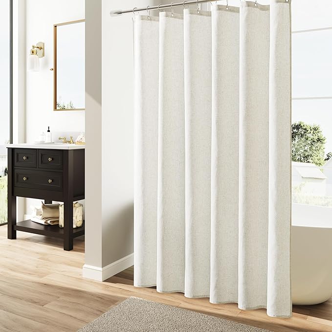 Naturoom Extra Long Cream Shower Curtains 94 Inches Long Natural Linen Fabric Shower Curtain Set with 12 Mental Hooks Bath Curtain with See Through Top Window and Hooks Boho Farmhouse Style,72x94
