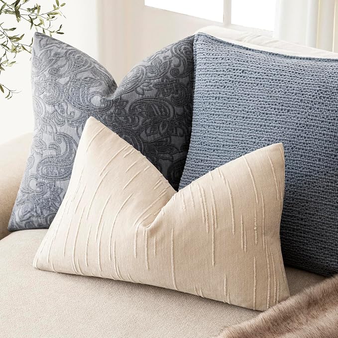 Foindtower Pack of 2 Slubby Textured Chenille Throw Decorative Pillow Covers Lumbar Accent Solid Cushion Cover Neutral Farmhouse Pillow Case for Couch Sofa Bedroom Living Room 12x20 Inch,Ivory