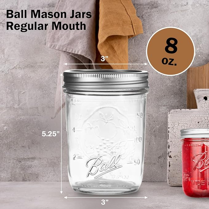 Ball Regular Mouth Mason Jars 8 oz. (12 Pack) - Half Pint Size Jars with Airtight Lids and Bands for Canning, Fermenting, Pickling, Meal Prep or DIY Decors and Projects Bundled with Peaknip Jar Opener