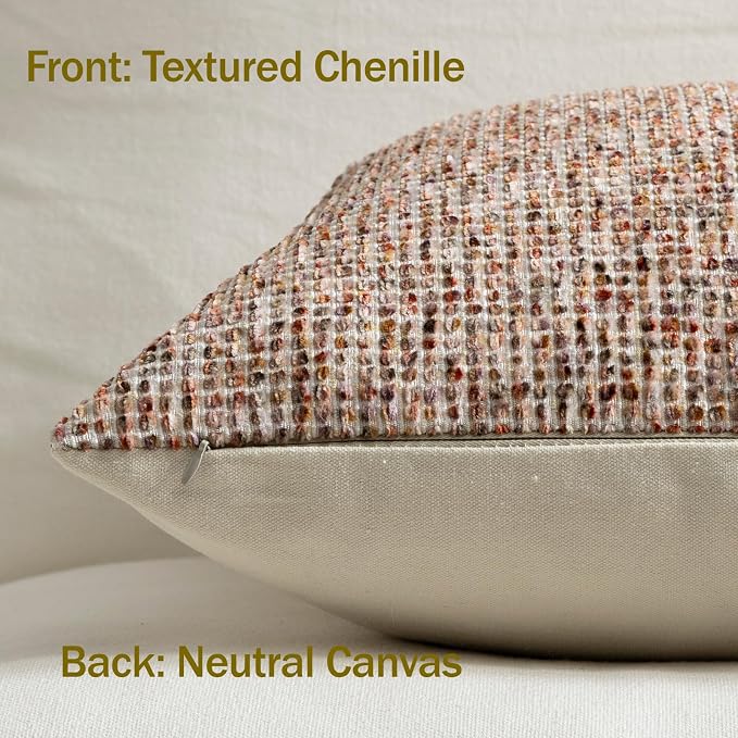Pack of 2 Neutral Throw Pillow Covers 20x20 Boho Textured Dots Stripe Chenille Square Decorative Pillow Cases Accents for Living Room Couch Bed Farmhouse Home Decor, Brick Red