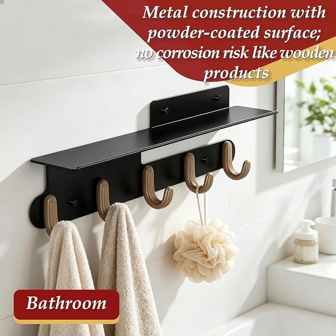 Coat Rack Wall Mount with Shelf for Entryway, Wall Hooks with 5 Hooks Entryway Hanging Shelf with Storage for Entryway, Bathroom, Bedroom, Mudroom, Modern Floating Wall Shelves with Hooks (Black)