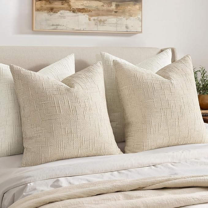 MIULEE Textured Throw Pillow Covers Thick Chenille Decorative Pillows Beige 20x20 Inch Set of 2 Modern Boho Farmhouse Home Decor Neutral Cushion Covers for Couch Sofa Living Room Bedroom