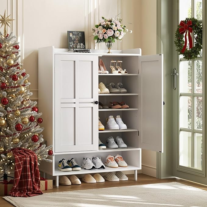 ComfyCorner White 7+1 Tier Farmhouse Shoe Storage Cabinet - 45" Tall Entryway Organizer with Cross Molding Doors, 3 Adjustable Shelves & Metal Legs, Shoe Rack for Front Door Entrance