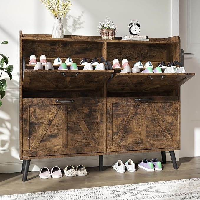 Shoe Cabinet Storage for Entryway Slim, Farmhouse Shoe Organizer Cabinet with 4 Flip Drawers, Farmhouse Hidden Shoe Rack with Wooden Legs, Rustic Brown