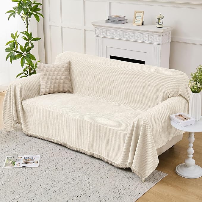 LOMAO Couch Cover Sofa Covers for 3 Cushion Sectional Couch Covers L Shape Couch Cover with Tassel Sofa Protector Washable Reversible Chenille Sofa Slipcover for Pet (Beige,XLarge（71 * 134)