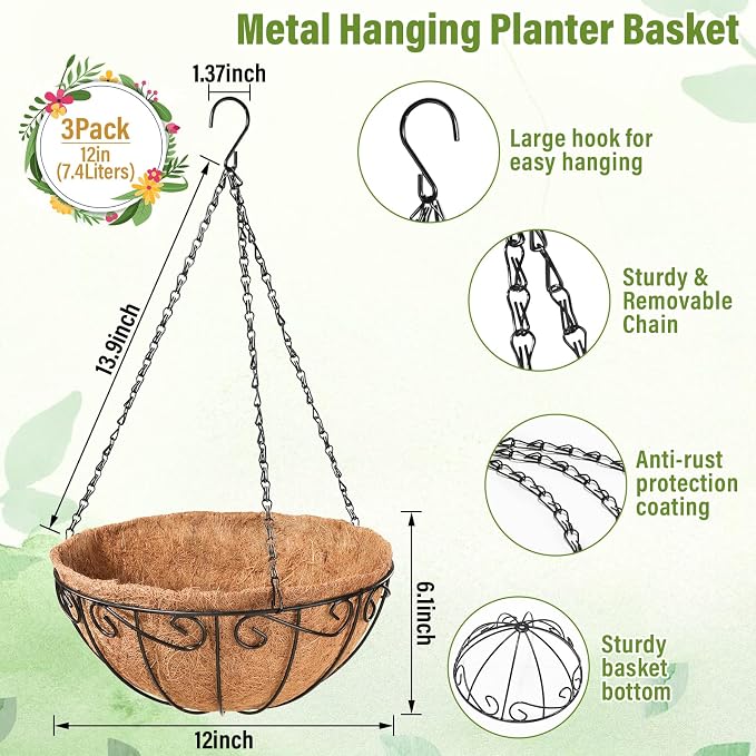 Legigo 3 Pack 12 Inch Metal Hanging Baskets for Plants Outdoor- Round Wire Hanging Planters Basket with Coconut Coir Liner, Hanging Flower Pot for Outdoor Plants Flowers Garden Decorations