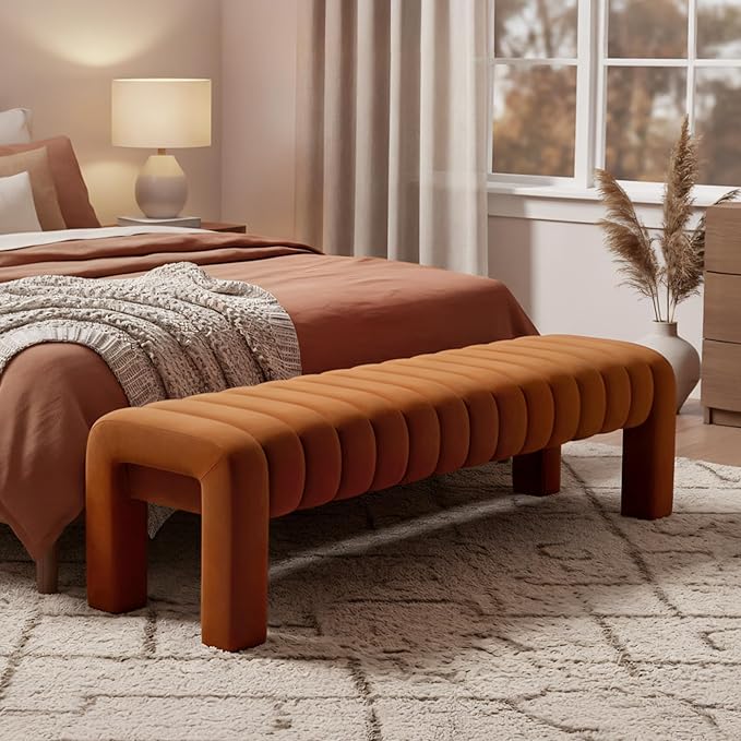 63" Bedroom Bench, Upholstered Entryway Bench, Modern End of Bed Ottoman with Solid Wood Legs and Adjustable Foot Pegs for Entryway, Dining Room and Living Room (Brown Velvet)