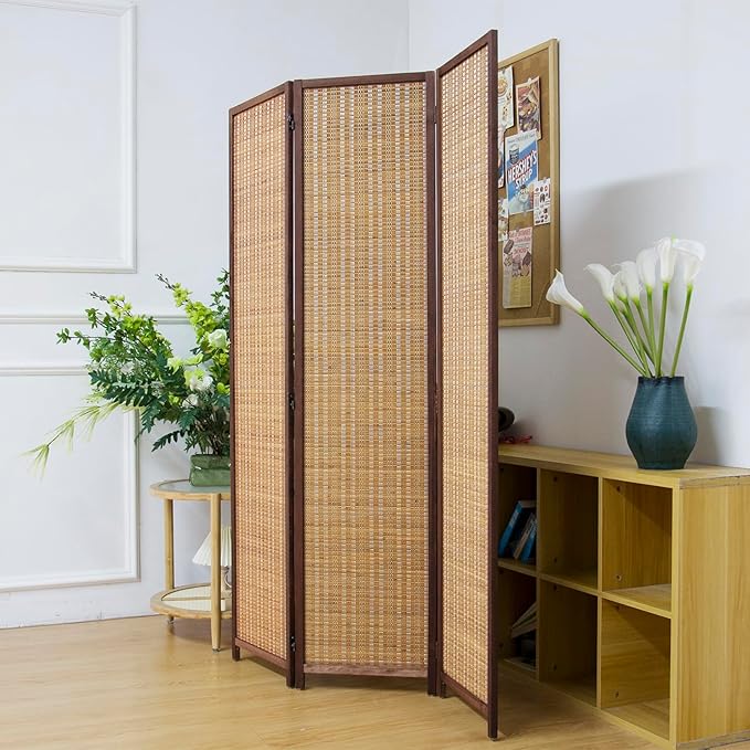 3 Panel Bamboo Room Divider Screen,5.6 FT Tall Bamboo Divider Folding Panel Screen,Freestanding Panel Divider for Room Seperation,Brown