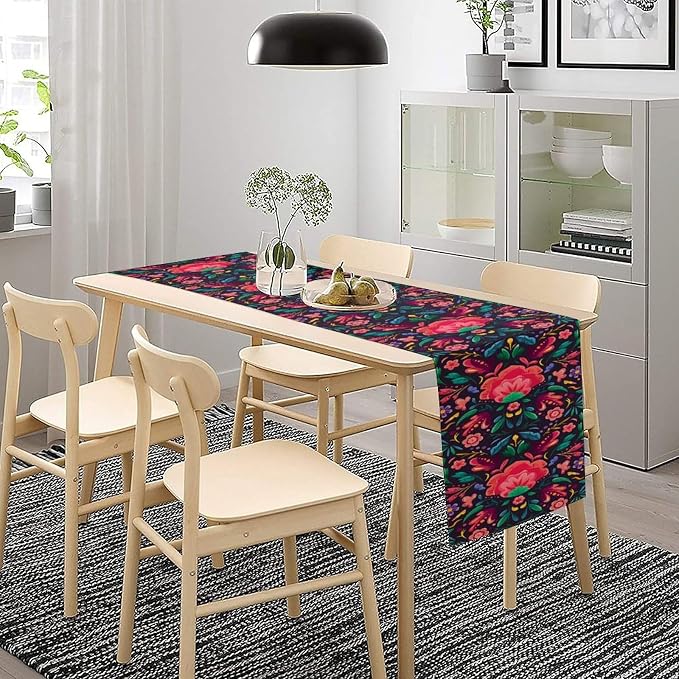 YCness Mexican Fiesta Table Runner Colorful Floral Plants Traditional Pattern Traditional National Ornament Table Runner for Party Living Room Home Bedroom Kitchen, 13x36 Inch