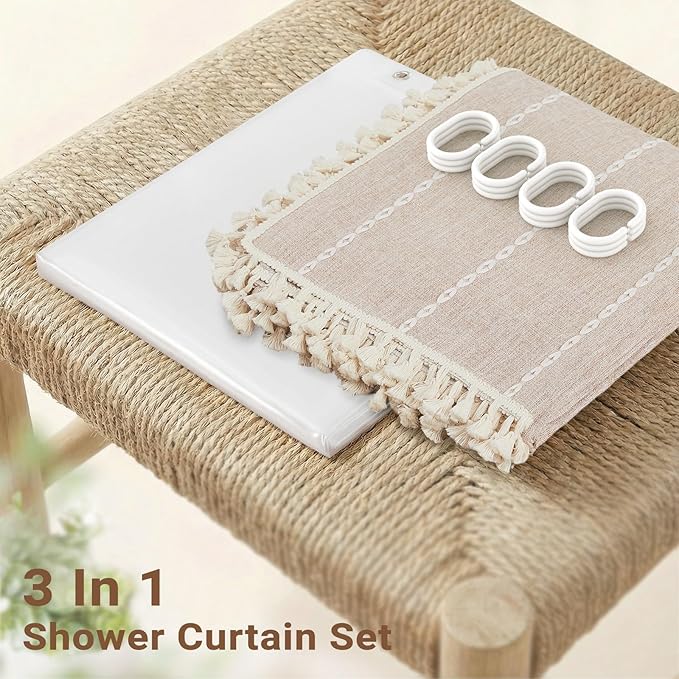 BTTN 3 in 1 Shower Curtain with Liner, 80 Inch Long Boho Linen Striped Cloth Shower Curtain Set with Hook, Large Modern Farmhouse Bohemian Waterproof Fabric Shower Curtain for Bathroom, Taupe, 72x80