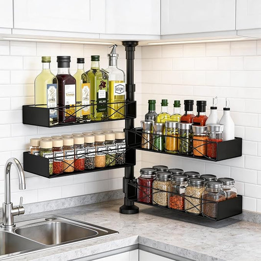 Mixoo Spice Rack Organizer Tension Pole, 4-Tier Adjustable Spice/Seasoning Organizer for Kitchen Countertop, Space-Saving Spice Storage Corner Shelf for Kitchen, Coffee Area, 16.5-23.6 Inch, No Drill
