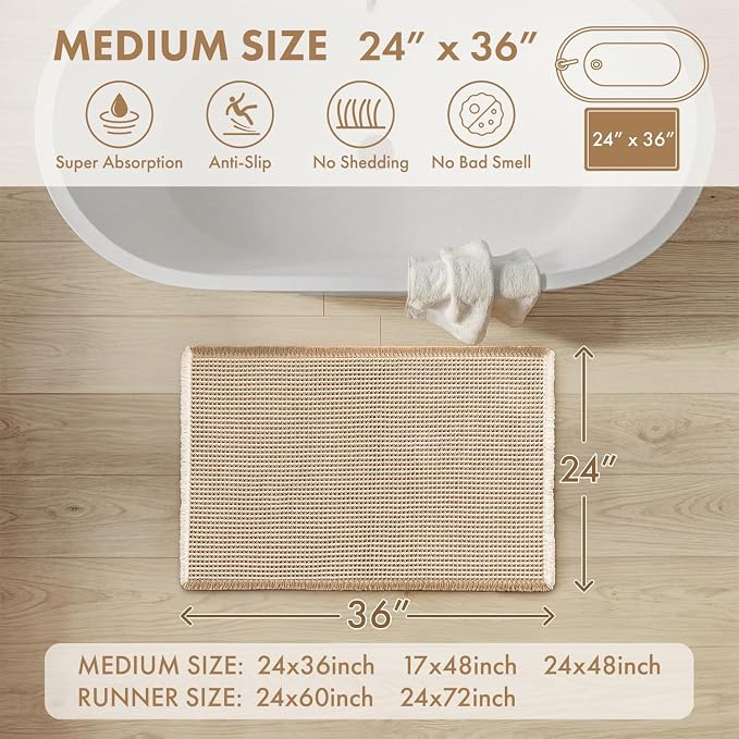 MIULEE Waffle Bathroom Rugs, Super Absorbent Non Slip Bath Rug, Upgraded Soft Quick Dry Washable Boho Beige Bath Mat with Tassels for Bathroom Floor, 24"x36", Brown & White