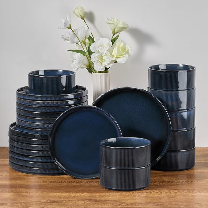 E-far 24-Piece Stoneware Dinnerware Sets, Plates and Bowls Sets for 8, Kitchen Dinning Porcelain Ribbed Dishes Set, Chip & Scratch Resistant, Dishwasher & Microwave Safe, Midnight Blue