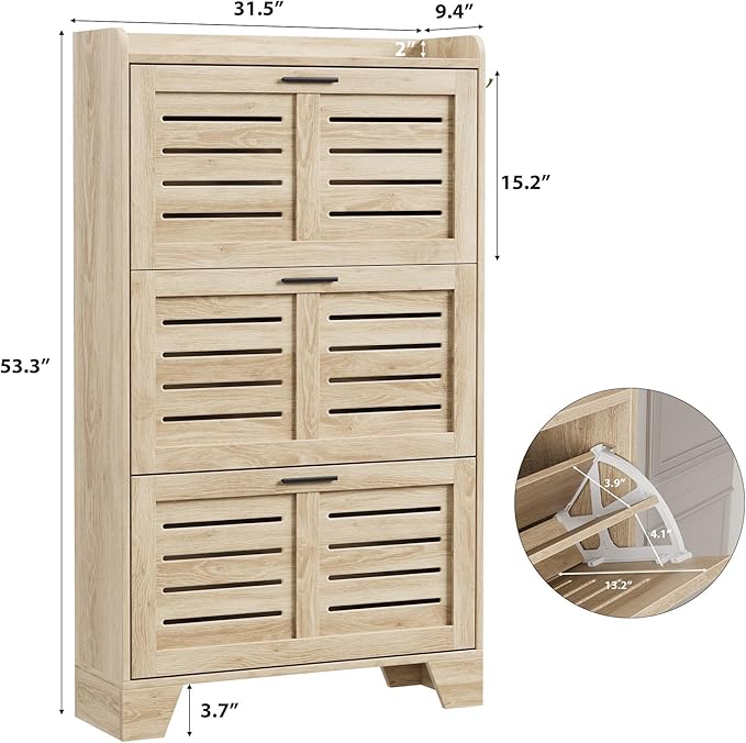 IDEALHOSUE Shoe Cabinet Storage for Entryway, Slim Shoe Storage Cabinet with 3 Flip Drawers, Freestanding Hidden Narrow Shoe Organizer Cabinet with Hooks for Entrance, Foyer, Hallway, Light Oak