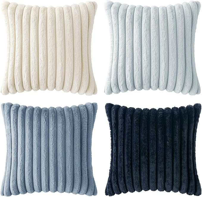 MIULEE Faux Fur Plush Decorative Throw Pillow Covers 24x24 Set of 4, Spring Modern Soft Fuzzy Coastal Striped Cushion Covers for Sofa Couch Bed Living Room Cozy Home Decor,Navy Blue