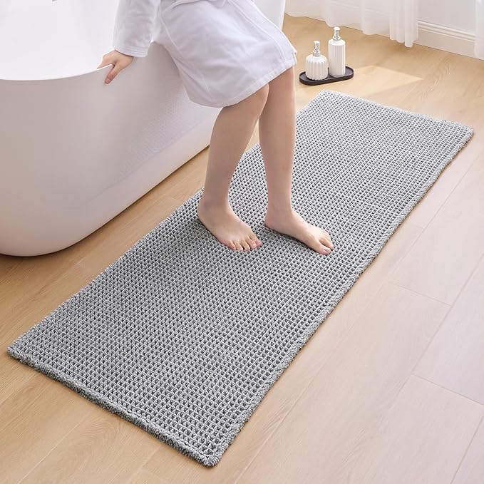 ILANGO Upgraded Waffle Bathroom Runner Rugs,Super Absorbent Boho Non Slip Bathroom Mats Quick Dry,Ultra Soft Machine Washable Mat with Tassels for Hallway,24x54,Dark Grey