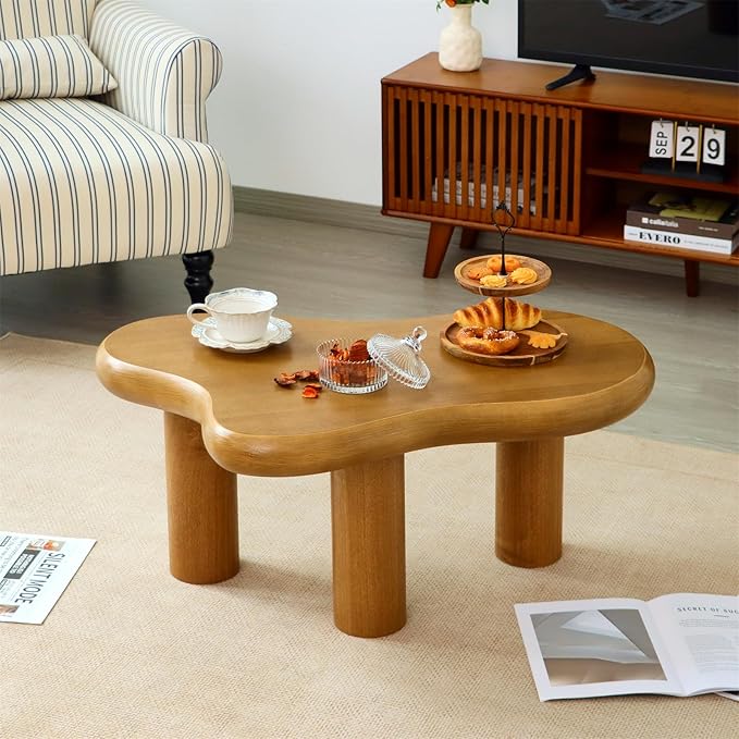 34"(L) Cloud Coffee Table, Modern Wood Coffee Table for Living Room, Accent Center Tables with 3 Legs, Small Tea Tables for Balcony, Patio, Bedroom, Wood