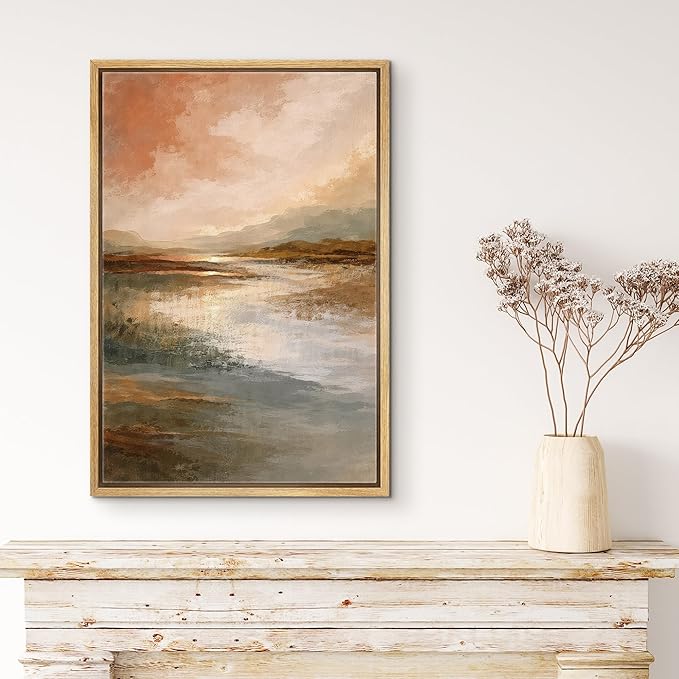 MUDECOR Framed Canvas Print Wall Art Warm Earth Tone Reflective Landscape Illustrations Minimalism Decorative Bohemian Zen for Living Room, Bedroom, Office - 24"x36" NATURAL