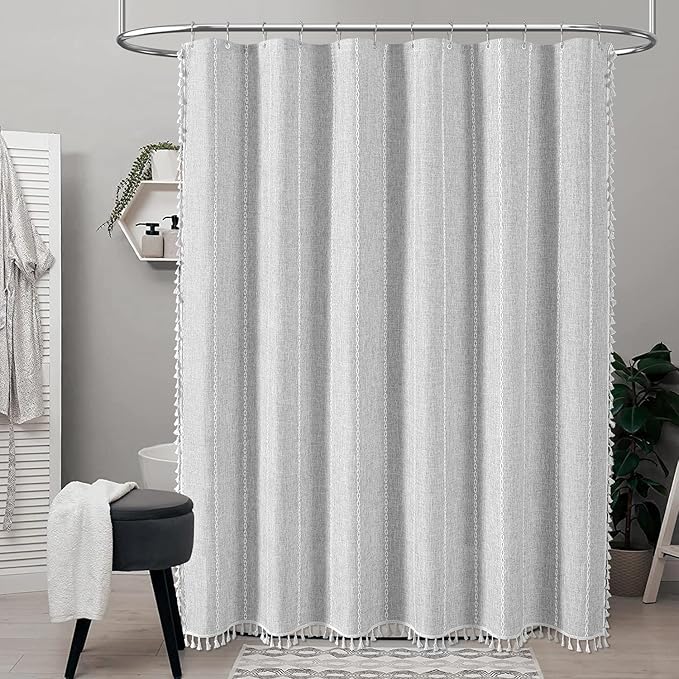 BTTN Gray Boho Farmhouse Shower Curtain, Linen Rustic Weighted Striped Fabric Shower Curtain Set with Tassel, Water Repellent, Bohemian Vintage Country Cloth Shower Curtain for Bathroom, Grey, 72x72