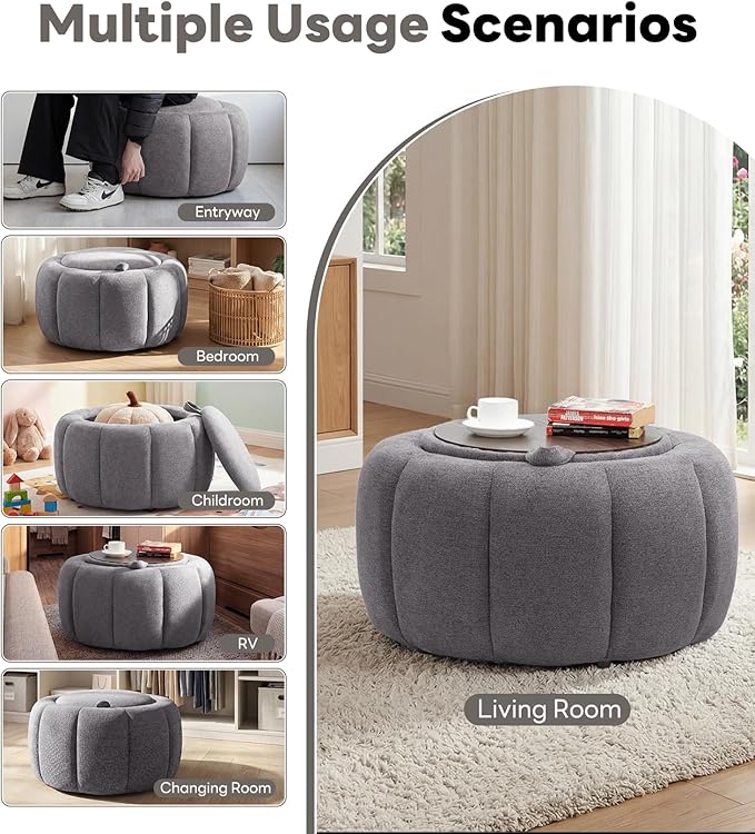 Tbfit Round Storage Ottoman - No Assembly Required, Storage & Sturdy Structure Multi-Functional Seat/Footrest for Living Room, Bedroom & Kids Room Soft Fabric for Family Home Use