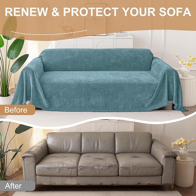 Smiry Couch Cover for Dogs, Washable Chenille Sofa Covers for 3 Cushion Couch, Soft Sofa Slipcover for Pets, Thick Sectional Furniture Protector with Tassels (Blue, 71x102 Inch)
