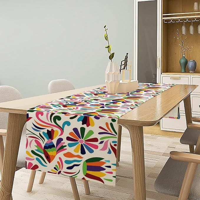 YCness Mexican Floral Themed Table Runer, Linen Colorful Mexican National Element Tradition Table Runner for Party for Party Home Bedroom Living Room Kitchen, 13x60 Inch