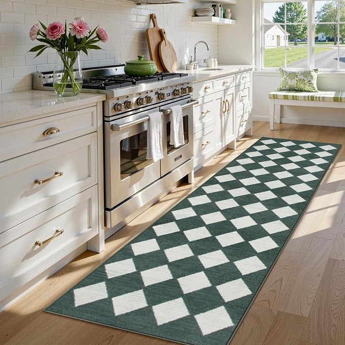 Lahome Zelie Checkered Washable 2x8 Green Runners for Hallways Non Slip, Ultra-Thin Kitchen Bathroom Runner Rugs, Moroccan Trellis Throw Carpet Runner for Bedroom Entryway Decor (2'x8',Dark Green)