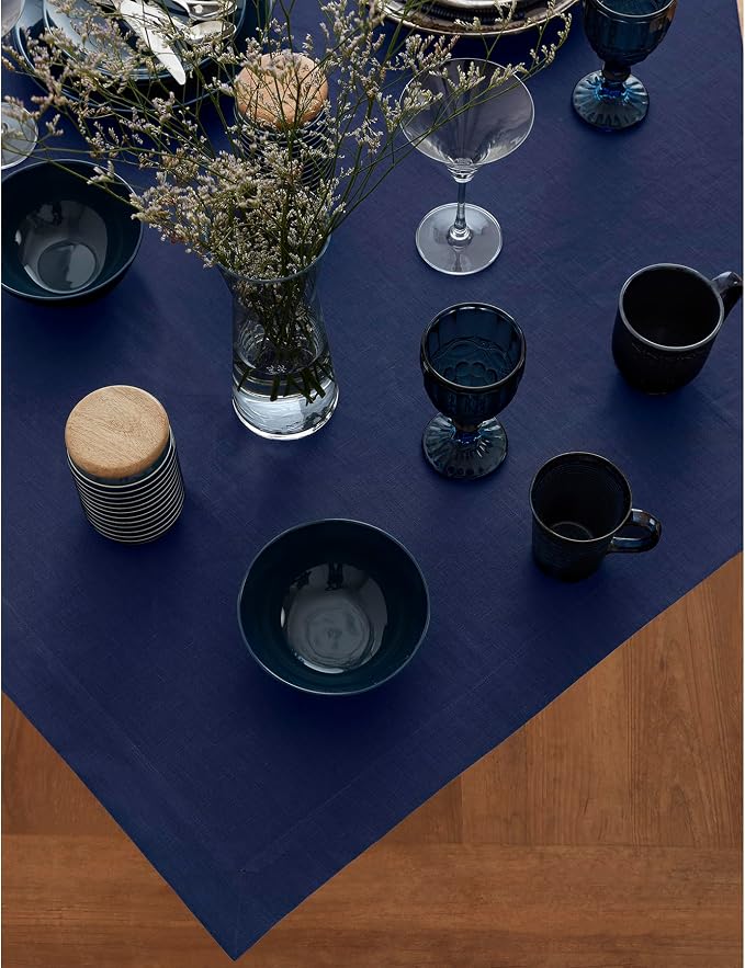 Solino Home Navy Blue Linen Tablecloth 52 x 52 Inch - 100% Pure Linen Square Table Throw - Fete, Machine Washable Table Cloth for Summer, 4th of July