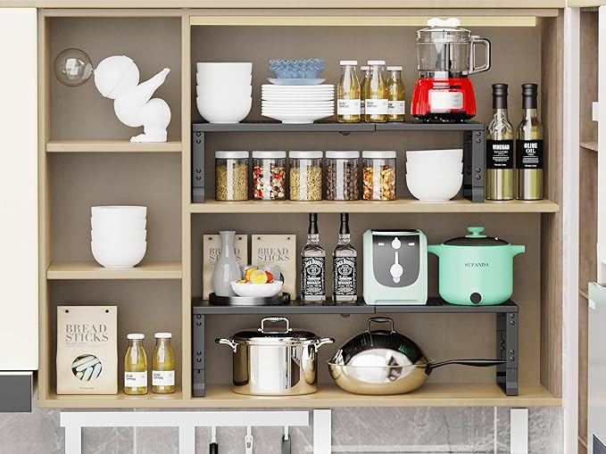 Jojocross Adjustable Expanable Stackable Spice Rack Shelf Pantry Storage Organizer for Kitchen Cabinet,Countertop,Bathroom and More.Space is no Longer Limited(2Packs/Black/Large)