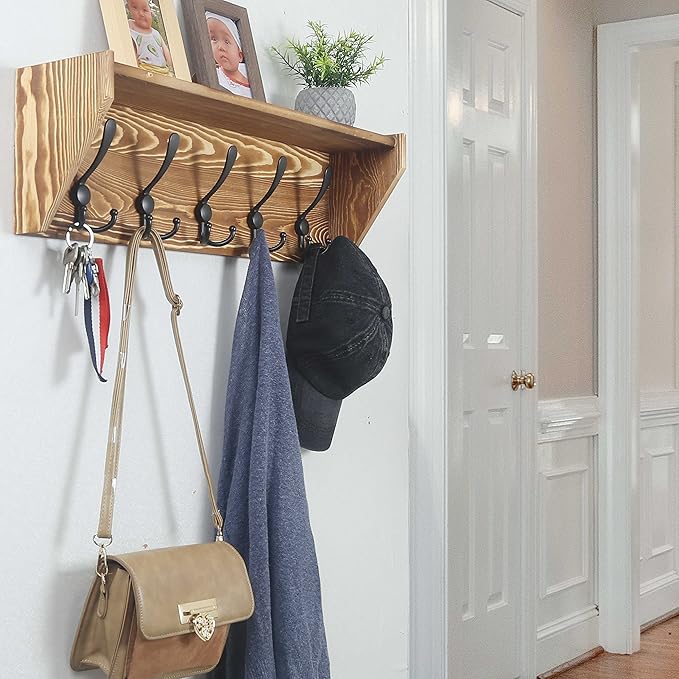 WEBI Wall Shelf with Hooks Underneath,24" Long Wall Mounted Coat Rack with Shelf,5 Triple Hooks,Wall Shelves for Bathroom,Rustic Brown