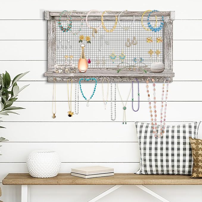 Jerry & Maggie Wall Mounted Jewelry Organizer, Wooden Necklace Holder Hanger with Hooks, Wall Jewelry Organizer Wall Mount for Necklace Display (2 Pack)
