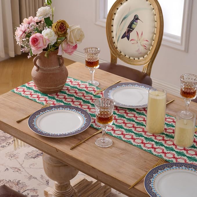 Fancy Homi Christmas Boho Cotton Polyester Table Runner 60 Inches Long, Farmhouse Macrame Table Runners with Tassels for Home Party Bohemian Rustic Bridal Shower Kitchen Dining Decor 12x60 Inches