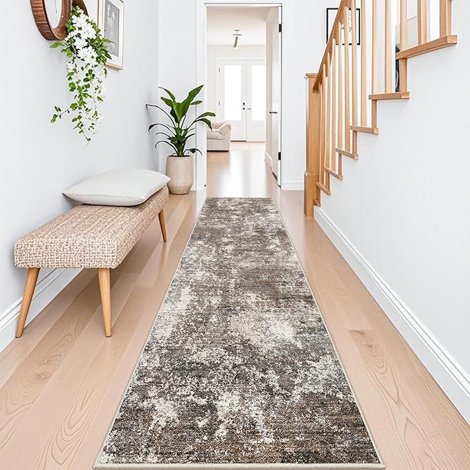 2x12 ft Washable Hallway Runner Rug – Non-Slip Stain-Resistant Low-Pile Long Carpet Runner for Kitchen Entryway Living Room Bedroom Bathroom, Modern Abstract Neutral (Brown Beige,2x12)