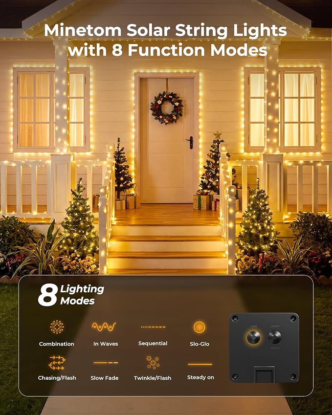 Minetom Solar Fairy Lights,33Ft 100 LED Solar String Lights Outdoor, IP65 Waterproof Patio Lights with 8 Modes for Tree Patio Christmas Party Wedding Decor (Warm White)