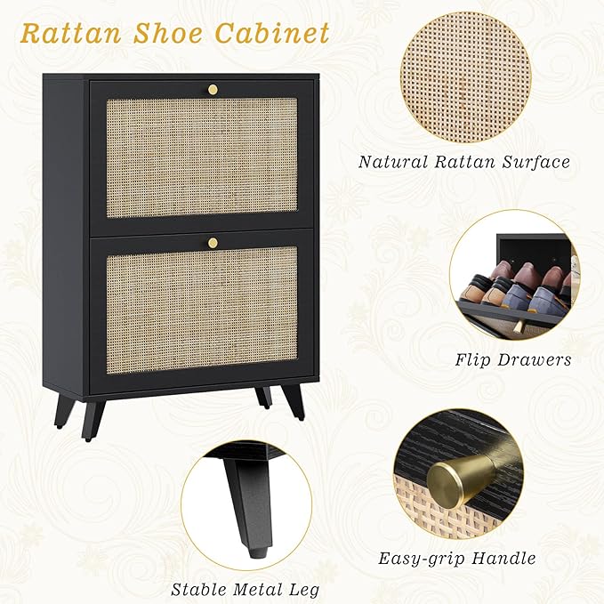 Angel Sar Rattan Shoe Cabinet, Slim Shoe Storage Cabinet for Entryway with 2 Flip Drawers, Adjustable Shelves, Golden Handles & Sturdy Metal Legs, Storage Organizer for Entryway, Hallway, Black