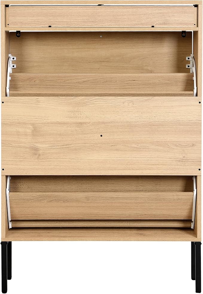 XIAO WEI Shoe Cabinet, Shoe Storage Organizer Cabinet with 2 Flip Half Moon Line Doors, Freestanding Shoe Rack with Adjustable Shelf for Entryway（Oak）