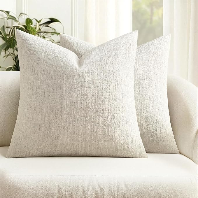 MIULEE Decorative Throw Pillow Covers 24x24 Pack of 2 White Couch Pillow Covers Soft Cozy Textured Chenille Pillowcases for Home Decor Sofa Living Room Cushion Bedroom