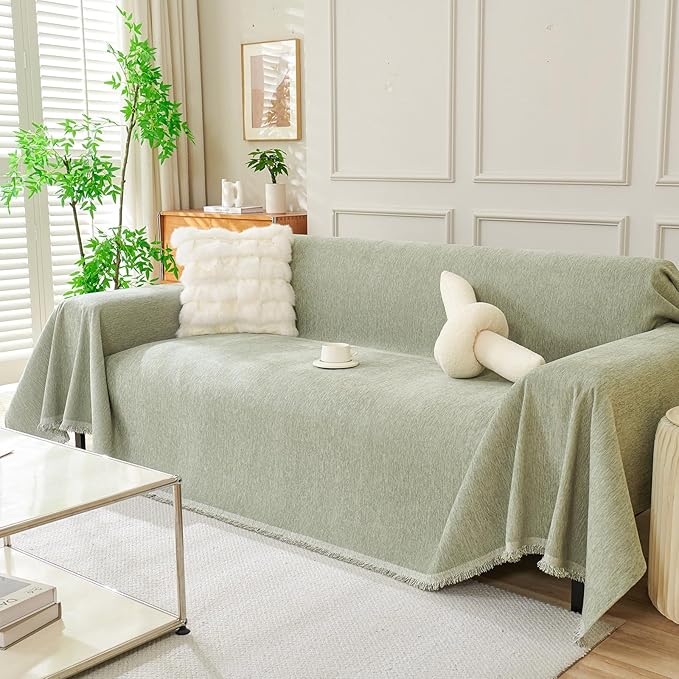 DREAMINGO Sofa Covers Washable Thick Chenille Couch Cover for 3 Cushion Couch Sofa Multi-Use Couch Cover Blanket Modern Pet Furniture Protector Sectional Couch Slipcover 71"x134", Sage Green