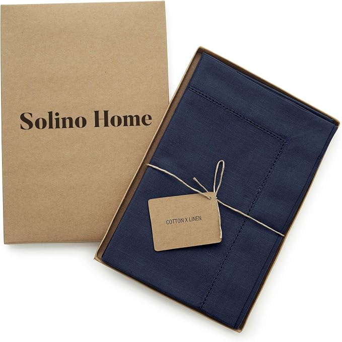 Solino Home Navy Blue Napkins Set of 4 - Cotton Linen Hemstitch Dinner Napkins Cloth 20 x 20 Inch for Summer, 4th of July - Handcrafted and Machine Washable