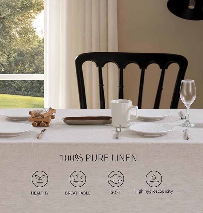 100% French Flax Linen Scalloped Embroidery Rectangle Tablecloths 120Lx60W Inch for Dinners, Parties, Spring, Machine Washable, 10-12 Sets, Linen(Edges-Gold)